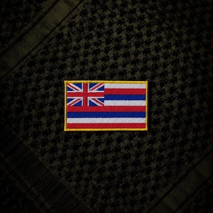 May include: A rectangular patch featuring the flag of Hawaii, with a Union Jack in the upper left corner and alternating white, red, and blue stripes. The patch has a gold border and is set against a dark green patterned background.