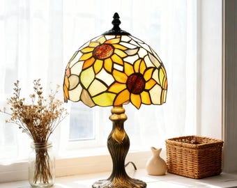 Handmade Tiffany-Style Table Lamp with Vintage Colored Glass Shade, Silver & Gold Accents, Mother Gifts Lamp