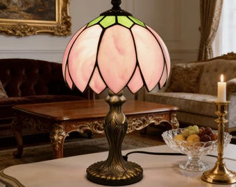 Vintage Pink Lotus Stained Glass Table Lamp - Art Nouveau Collectible Antique-Style Accent Light