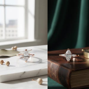 May include: A marquise-cut diamond ring with a rose gold band. The ring features a large central stone and two smaller baguette-cut diamonds on either side. The ring is displayed on a white marble surface and a vintage book.