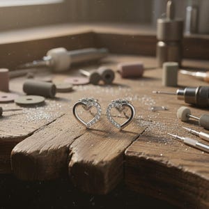 Puede incluir: Un par de pendientes de botón plateados con forma de corazón, incrustados con pequeñas piedras brillantes. Los pendientes se exhiben en un banco de trabajo de madera, rodeados de herramientas y materiales de joyería.