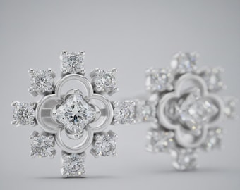 Lab Diamond Cluster Earrings Floral Gold Stud Dainty Bridal 18K Round Everyday Women Jewelry