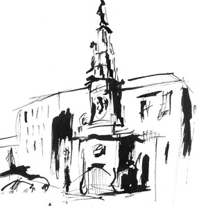 May include: A black and white ink sketch of a building with a tall tower. The tower has a clock and a statue at the top. The building has windows and a simple architectural design. The style is reminiscent of a quick architectural study.