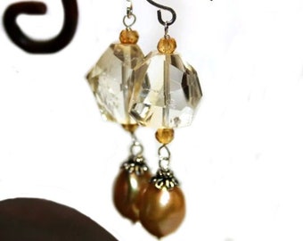 Gemstone Earrings Dangle Citrine Golden Baroque Freshwater Pearl Sterling Silver Handmade Wire Wrapped Earrings