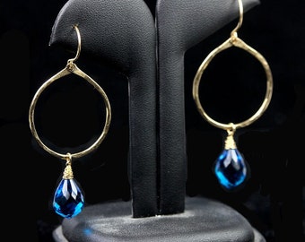 Gold Hoop Earrings Blue Swiss Topaz Hydro Quartz Drop Blue 14kt Gold Earrings