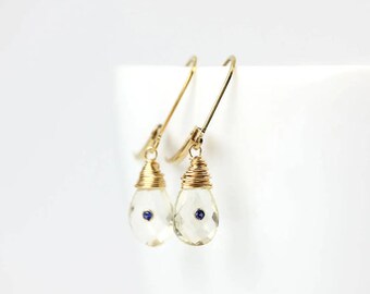 Oregon Sunstone Bezel Set Sapphire Gold Wire Wrapped Semi Precious Drop Dangle Gemstone Earrings