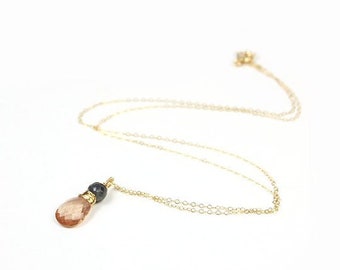 Oregon Sunstone Sapphire necklace 14kt gold wire wrapped pendant necklace