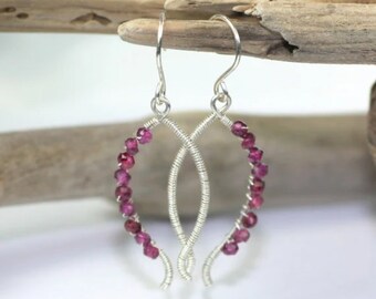 Gemstone Earrings Rhodolite Garnet Sterling Silver Wire Wrapped Leaf Dangle Earrings