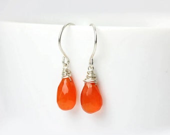 Carnelian Sterling Silver Orange Wire Wrapped Gemstone Earrings