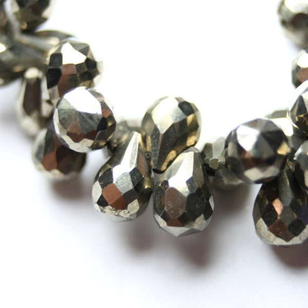 Pyrite Micro Faceted Teardrop Briolettes 4 Bronze Metallic Semi Precious Gemstone Beads
