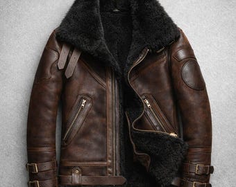 Men’s Brown Shearling Leather Aviator Jacket | Genuine Sheepskin B3 Bomber Coat