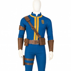 May include: Blue jumpsuit with yellow stripes and brown leather accessories. The costume includes a belt, shoulder strap, pouches, and arm cuffs. A small patch is on the chest. The outfit is displayed on a mannequin.
