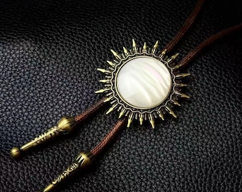Vintage Western Bolo Tie with Mother of Pearl Center, Sunburst Gold Accent, Brown Braided Cord, Unique Ranch Style Necklace for Men