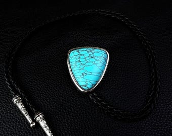 Turquoise Triangle Bolo Tie for Men丨Vintage Western Cowboy Necklace丨Silver Geometric Cord Tie丨Ranch Gift for Him