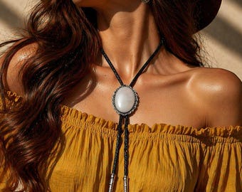 Moonstone Bolo Tie for Men丨Vintage Western Cowboy Necklace丨Silver Oval Stone Design丨Black Braided Tie丨Gift for Him