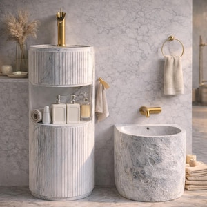 Peut inclure: Un ensemble de salle de bain moderne avec un lavabo en marbre et un robinet doré. Un bidet assorti et une unité de rangement avec articles de toilette et serviettes sont également présents. Le design est minimaliste et met l'accent sur les matériaux naturels.