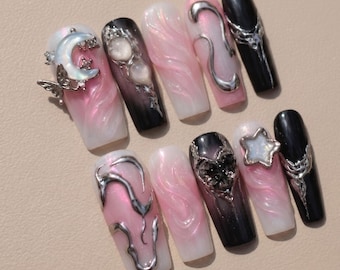 Y2K Pink Star Drücken Sie auf die Nägel | 3D Schleife, Handgefertigtes Nagelset