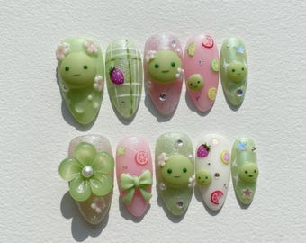 Kawaii Green Fruit Press On Nails | 3D Cartoon, Handmade Jelly Nails