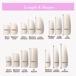 May include: A diagram displaying various nail shapes and lengths. The image shows short, medium, long, and XL sizes for oval, almond, coffin, square, and stiletto styles. Measurements are in millimeters.