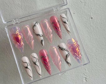 Futuristic Pink Chrome Press On Nails with Sculpted Metallic Art
