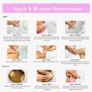 May include: Instructions for applying and removing artificial nails. Steps include filing, cleaning, preparing, applying adhesive tabs, peeling, and applying the nails. Removal steps involve soaking and using a cuticle pusher.