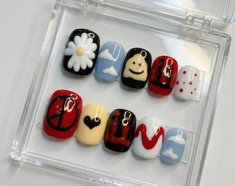 G-Dragon Inspired K-Pop Press On Nails | Handmade Doodle Nail Art