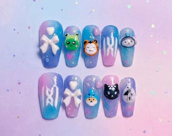 Handgemachte K-Pop Presse auf den Nägeln | Pastell Galaxy 3D Charakter Nail Art