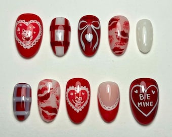 Valentine Red Press On Nails | Be Mine Heart Nails | Pink & Red Love Nails | Handmade Valentine Press On Nail Set