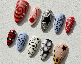 Hand-Painted Cartoon Press On Nails | Grunge Y2K Mismatch Nail Set
