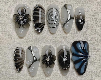 Custom Black Flowers Press-On Nails, Dark Floral Y2K Goth Gel Handmade Set