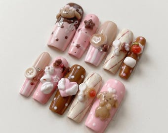 Kawaii Bakery Press On Nails | 3D Teddy Bear Dessert Nail Set