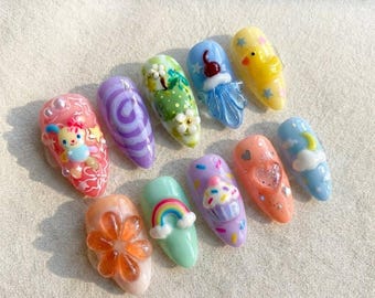 Uñas postizas 3D Y2K / Conejito y caramelo pastel kawaii