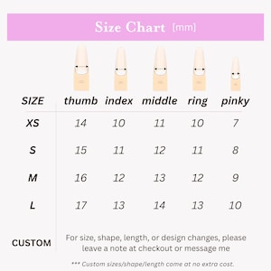 May include: A size chart for nail sizing, with measurements in millimeters. The chart includes sizes XS, S, M, and L, with corresponding measurements for thumb, index, middle, ring, and pinky fingers. Text at the bottom indicates custom options.