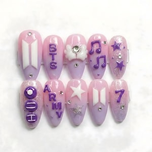 Handmade BTS Purple Gradient Press On Nails | K-Pop Fandom 3D Music Note & Star Nails