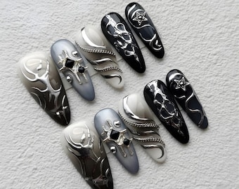 Gothic Celestial Press On Nails | Black Silver Star Moon, Handmade
