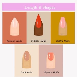 May include: An illustration showcasing different nail shapes: almond, stiletto, coffin, oval, and square. Each nail is depicted with a different color and shape, with the text "Length & Shapes" at the top. The background colors vary for each nail style.