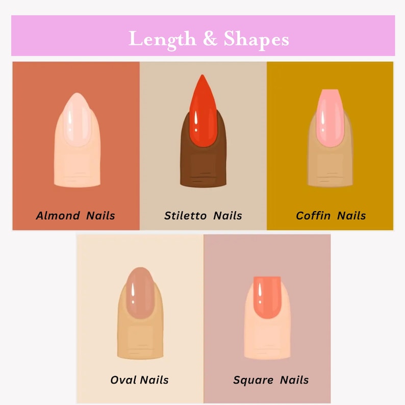 May include: An illustration showcasing different nail shapes: almond, stiletto, coffin, oval, and square. Each nail is depicted with a different color and shape, with the text "Length & Shapes" at the top. The background colors vary for each nail style.