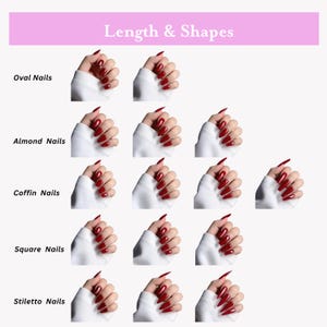 May include: A guide to nail shapes, featuring hands with red nail polish. The image displays five nail shapes: oval, almond, coffin, square, and stiletto. The text "Length & Shapes" is at the top of the image.