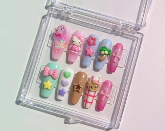 Pink Cat Kitty Hawaii Coffin Handmade Artisan Press On Nails