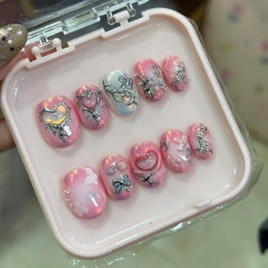 Pink Fairy Heart Press On Nails | 3D Heart & Butterfly, Silver Wire Nail Art image 3
