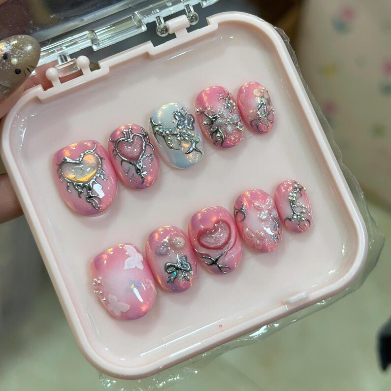 Pink Fairy Heart Press On Nails | 3D Heart & Butterfly, Silver Wire Nail Art image 3
