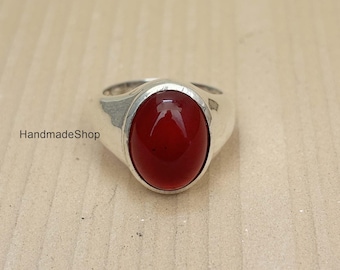 Anillo Aqeeq yemení hecho a mano: banda minimalista de cornalina roja en plata de ley