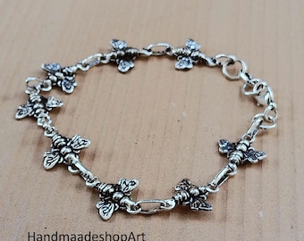 Handgemaakte sterlingzilveren bijenarmband, geoxideerde bedelarmband