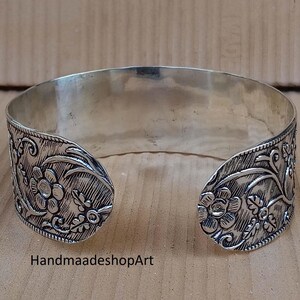Handcrafted 925 Sterling Silver Floral Bangle,  Wide Cuff Bracelet: Flower Design Bangle
