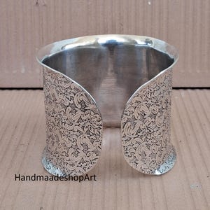 Sterling Silver Wide Cuff Bracelet: Boho Floral Design Gift For Her
