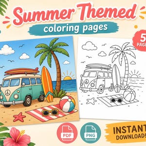 Könnte beinhalten: Ein digitales Set mit 5 Ausmalbildern zum Thema Sommer, das eine Strandszene mit einem türkisfarbenen Van, einem Surfbrett, einer Palme, einem Strandball, einer Sonnenbrille und einem Seestern zeigt, inklusive farbiger und schwarz-weißer Vorlagen.