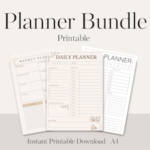 Könnte beinhalten: Ein druckbares Planer-Bundle mit Wochenplan, Tagesplaner und To-Do-Liste. Das Design umfasst florale Akzente und eine neutrale Farbpalette. Der Text "Planner Bundle Printable" steht oben, mit "Instant Printable Download - A4" unten.