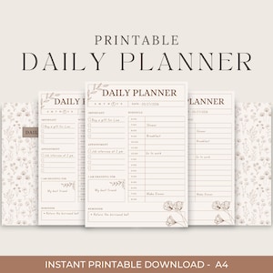 Könnte beinhalten: Ein druckbarer Tagesplaner mit floralem Design. Der Planer enthält Abschnitte für Termine, To-Do-Listen und einen Dankbarkeitsbereich. Der Text "PRINTABLE DAILY PLANNER" steht oben. Der untere Teil des Bildes lautet "INSTANT PRINTABLE DOWNLOAD - A4".
