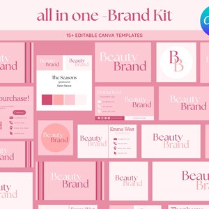 Könnte beinhalten: Ein All-in-One-Marken-Kit mit über 15 bearbeitbaren Canva-Vorlagen in verschiedenen Rosatönen. Die Sammlung enthält Visitenkarten, Dankeskarten und Logo-Designs mit dem Text Beauty Brand, Emma West und The Seasons.