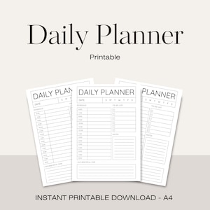 Könnte beinhalten: Ein Satz von drei druckbaren Tagesplaner-Blättern mit minimalistischem Design. Der Text "Daily Planner" und "Printable" steht oben. Die Blätter enthalten Abschnitte für die Planung, To-Do-Listen und Notizen. Der Text unten lautet "INSTANT PRINTABLE DOWNLOAD - A4".